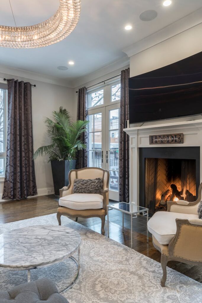 Cozy and stylish living room interior featuring a fireplace and modern decor.